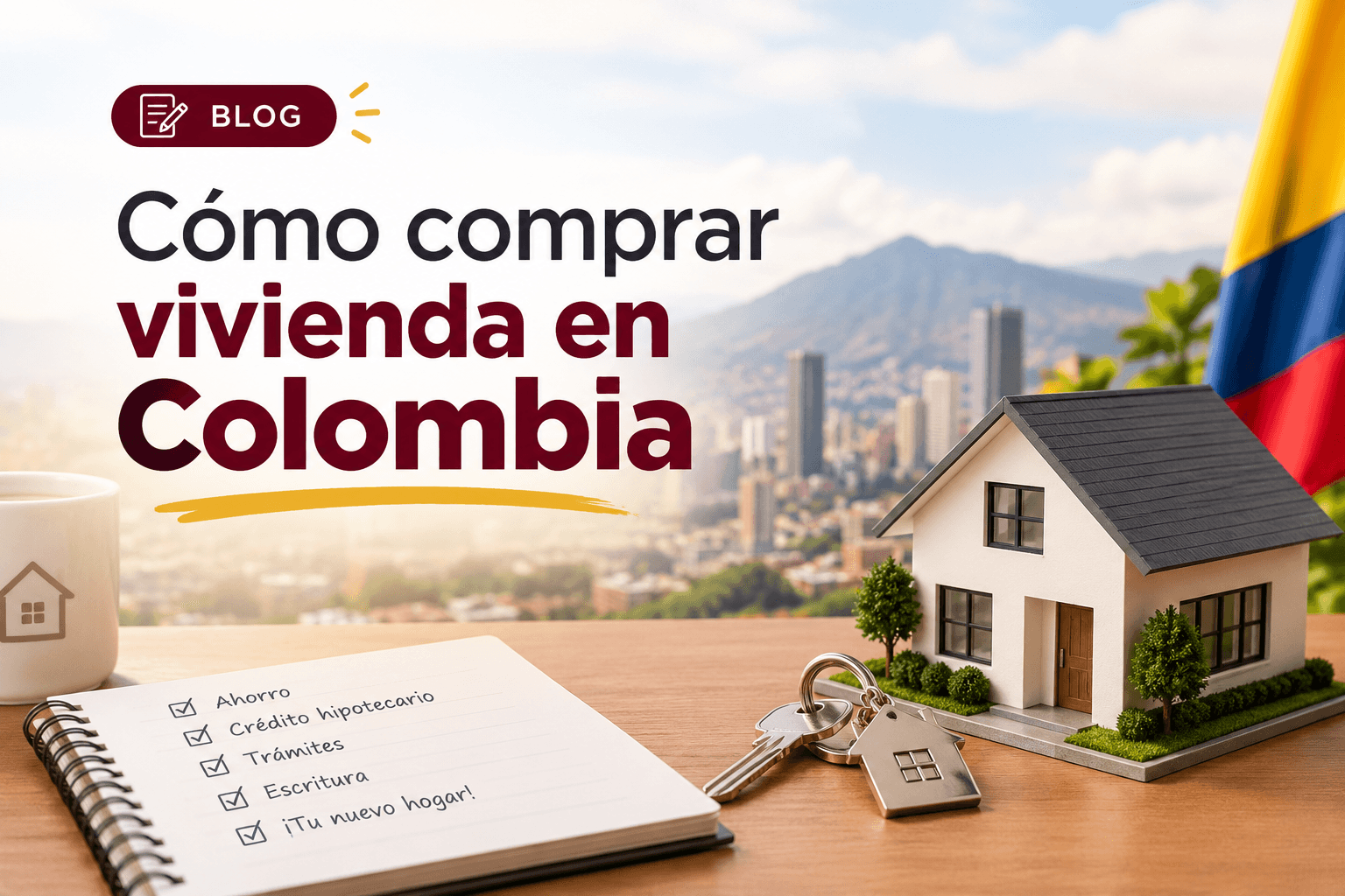 Llaves y maqueta de una casa sobre un escritorio con una libreta de pasos para comprar vivienda y la bandera de Colombia de fondo