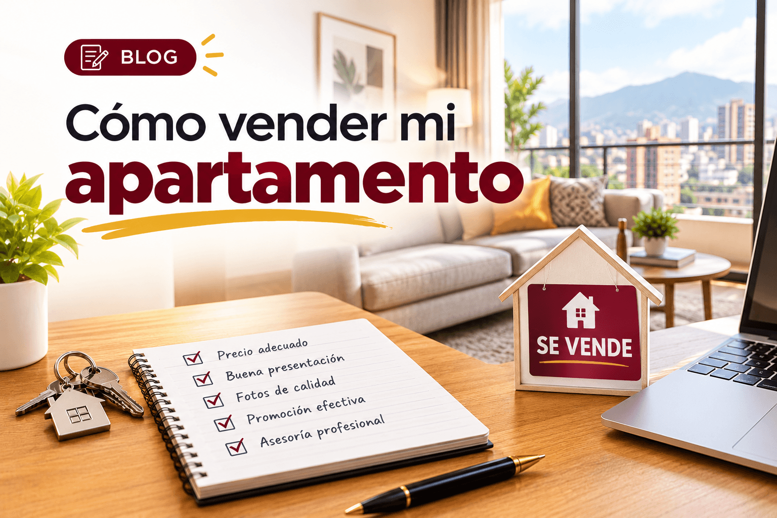 Letrero de "se vende", llaves y una libreta con la lista de pasos para vender un apartamento, con la sala de fondo
