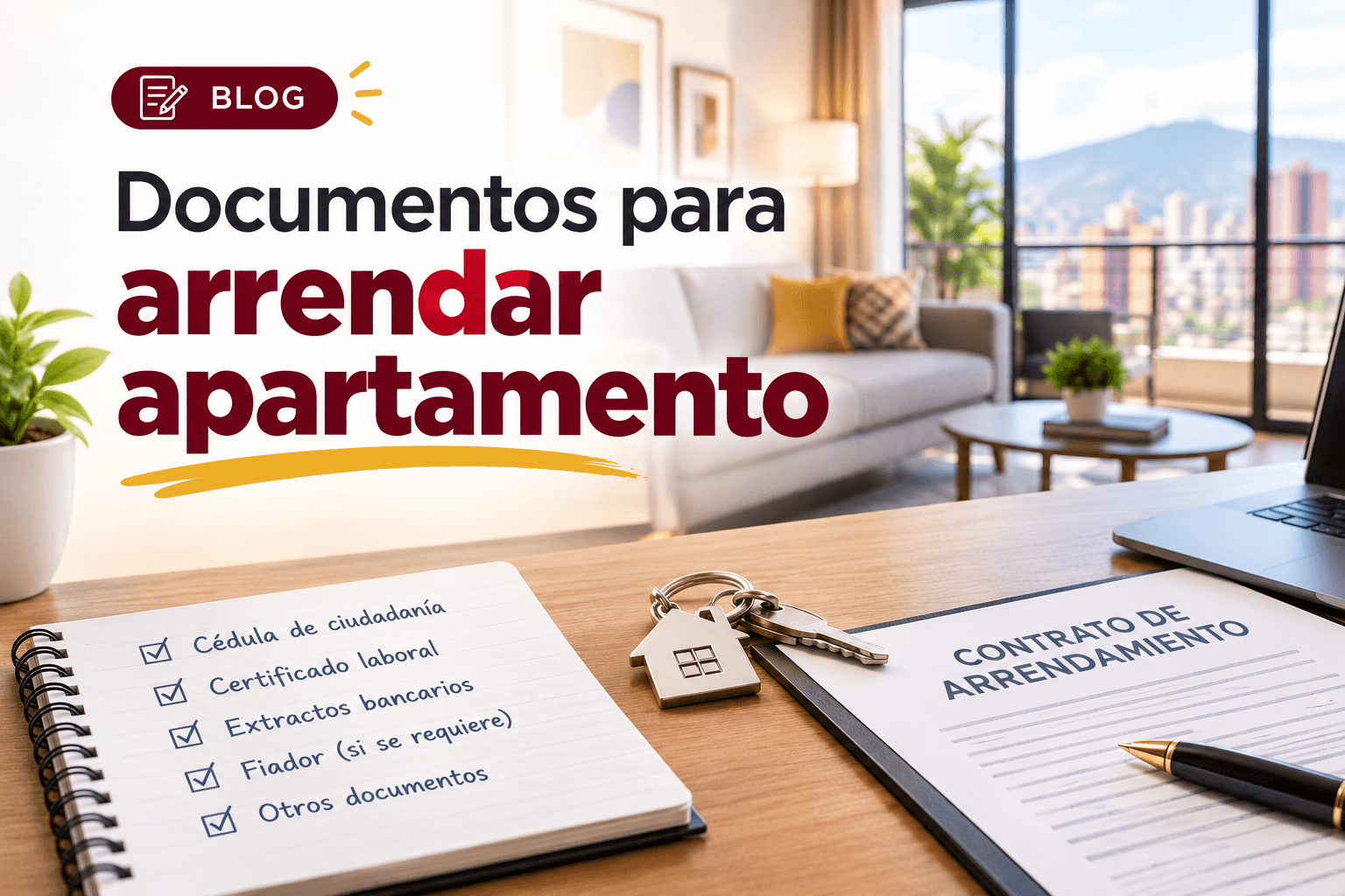 Contrato de arrendamiento, llaves y una libreta con la lista de documentos sobre un escritorio en un apartamento