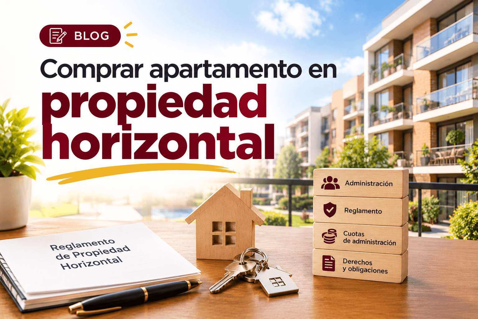 Reglamento de propiedad horizontal y llaves sobre una mesa, con un conjunto residencial de fondo